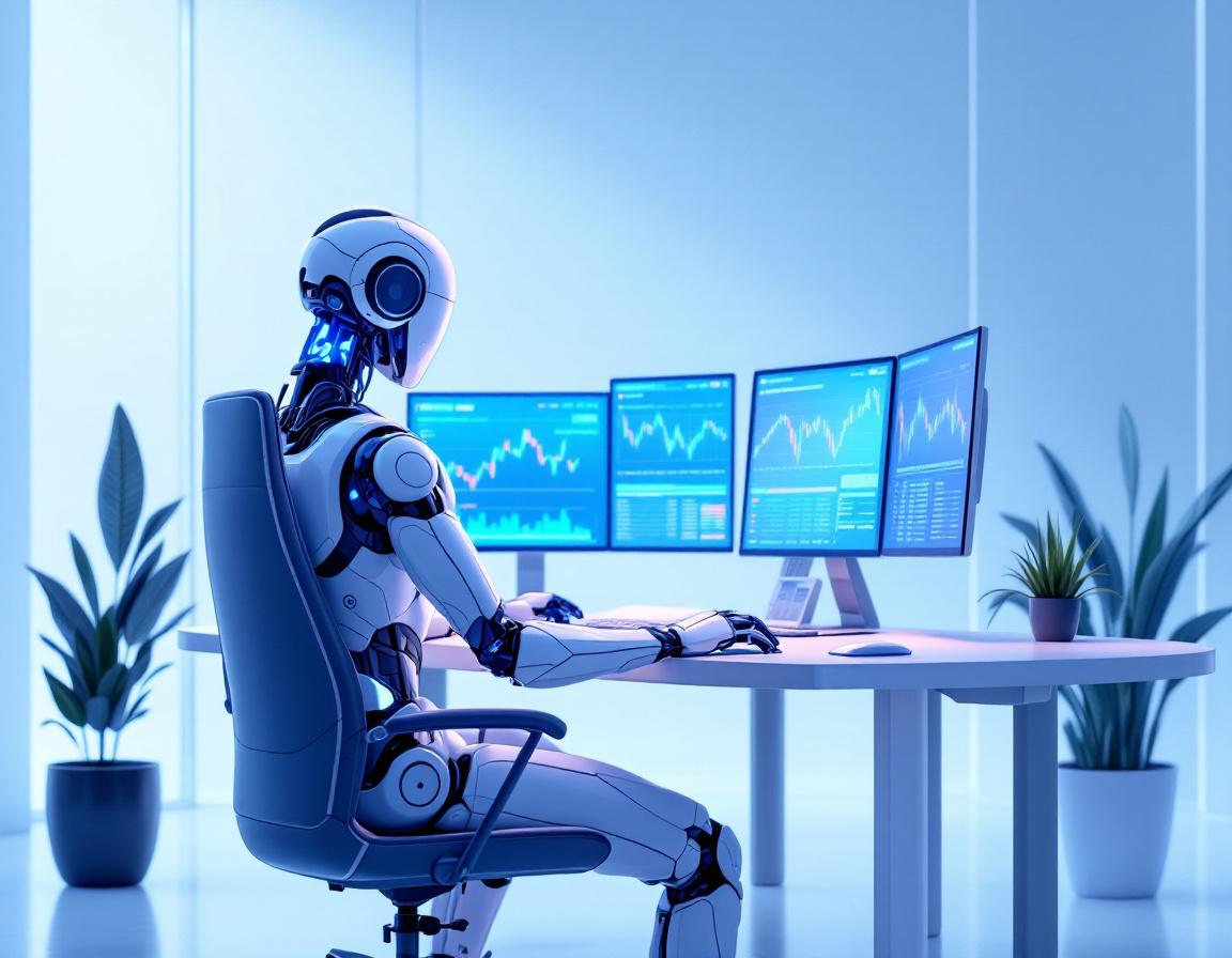 A hyper-realistic AI trading bot at a high-tech workstation analyzing crypto and stock market data.