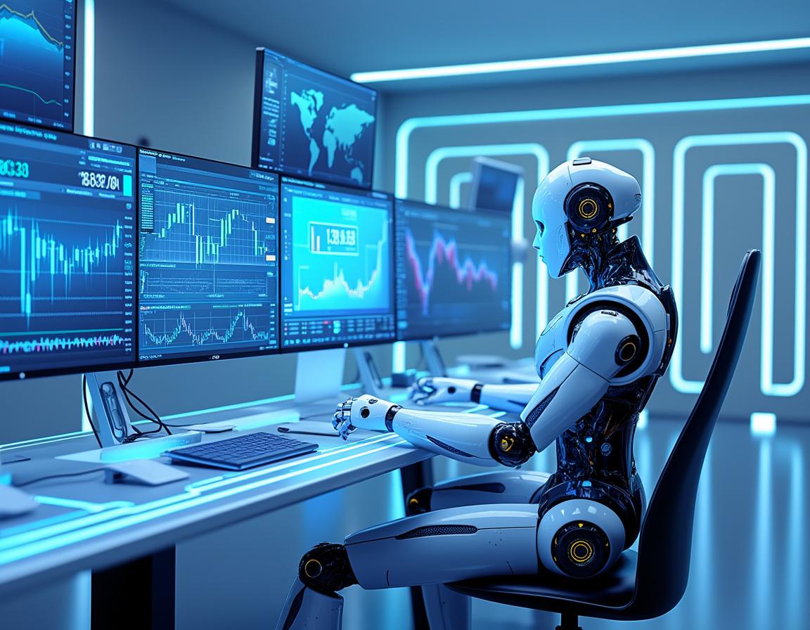 A humanoid AI trading bot analyzes market data in a high-tech environment with multiple screens.