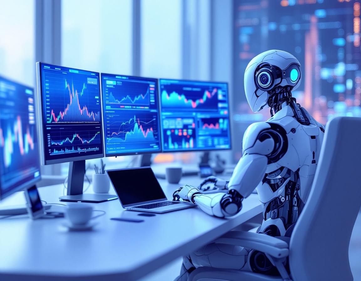 A hyper-realistic AI trading bot in a futuristic workspace analyzing crypto and stock market data.