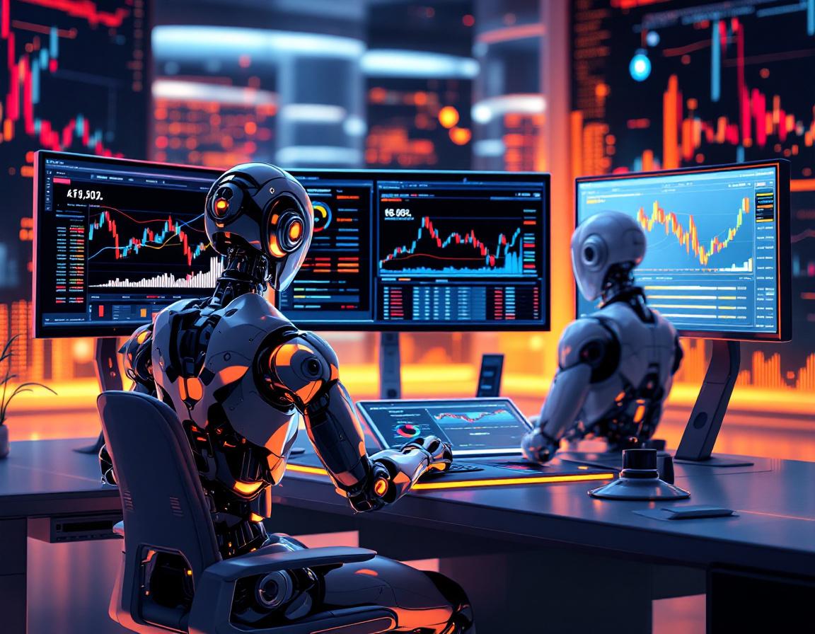 A humanoid AI trading bot analyzes market data at a high-tech workstation with multiple screens.