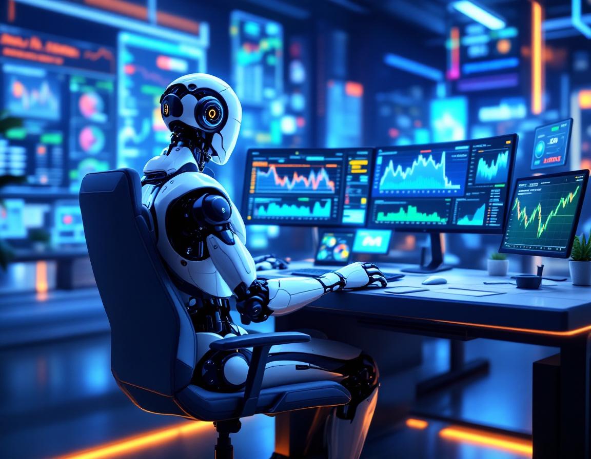 A hyper-realistic AI trading bot in a futuristic workspace analyzing data on multiple screens.