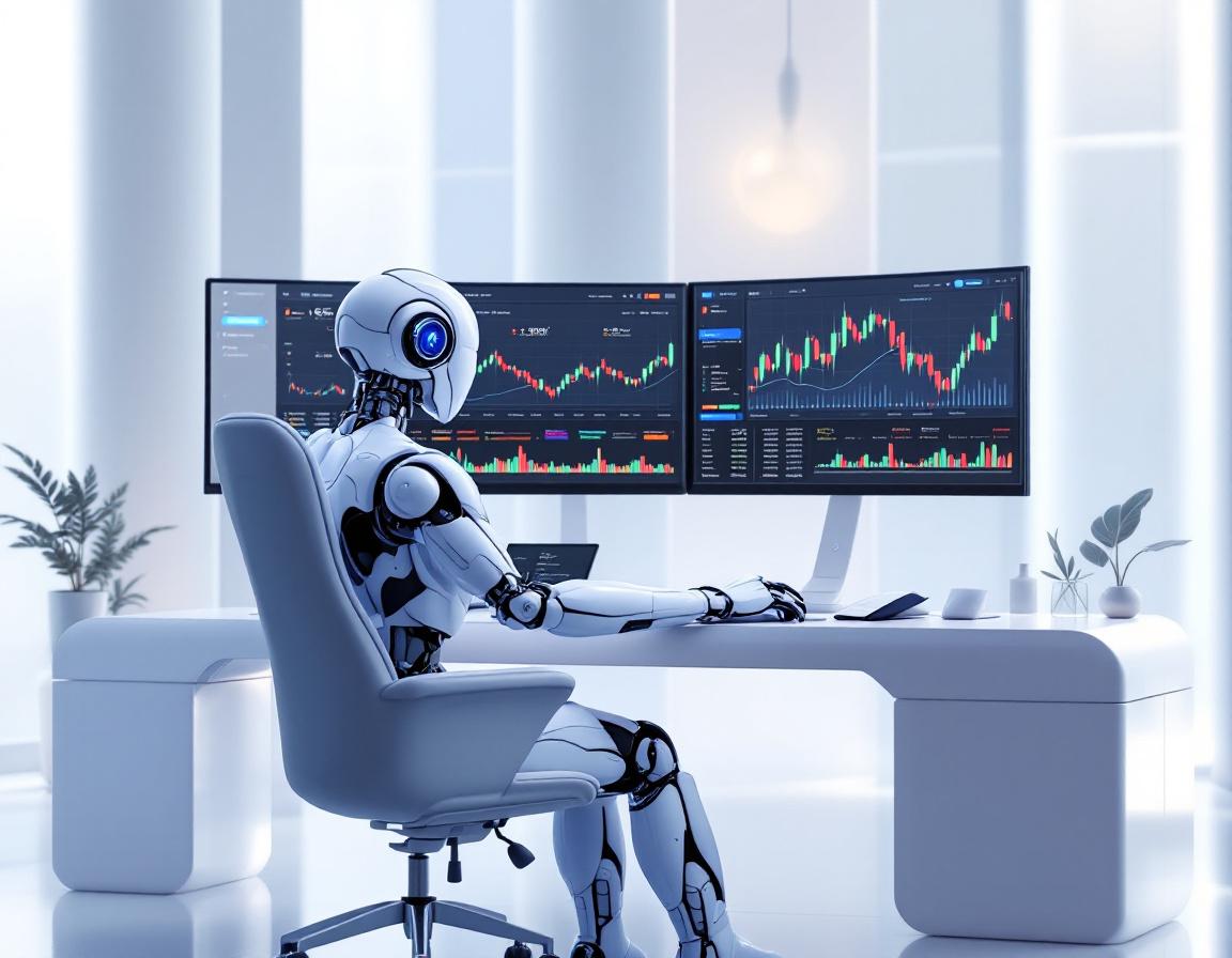 A humanoid AI trading bot analyzes market data at a high-tech workstation with multiple screens.