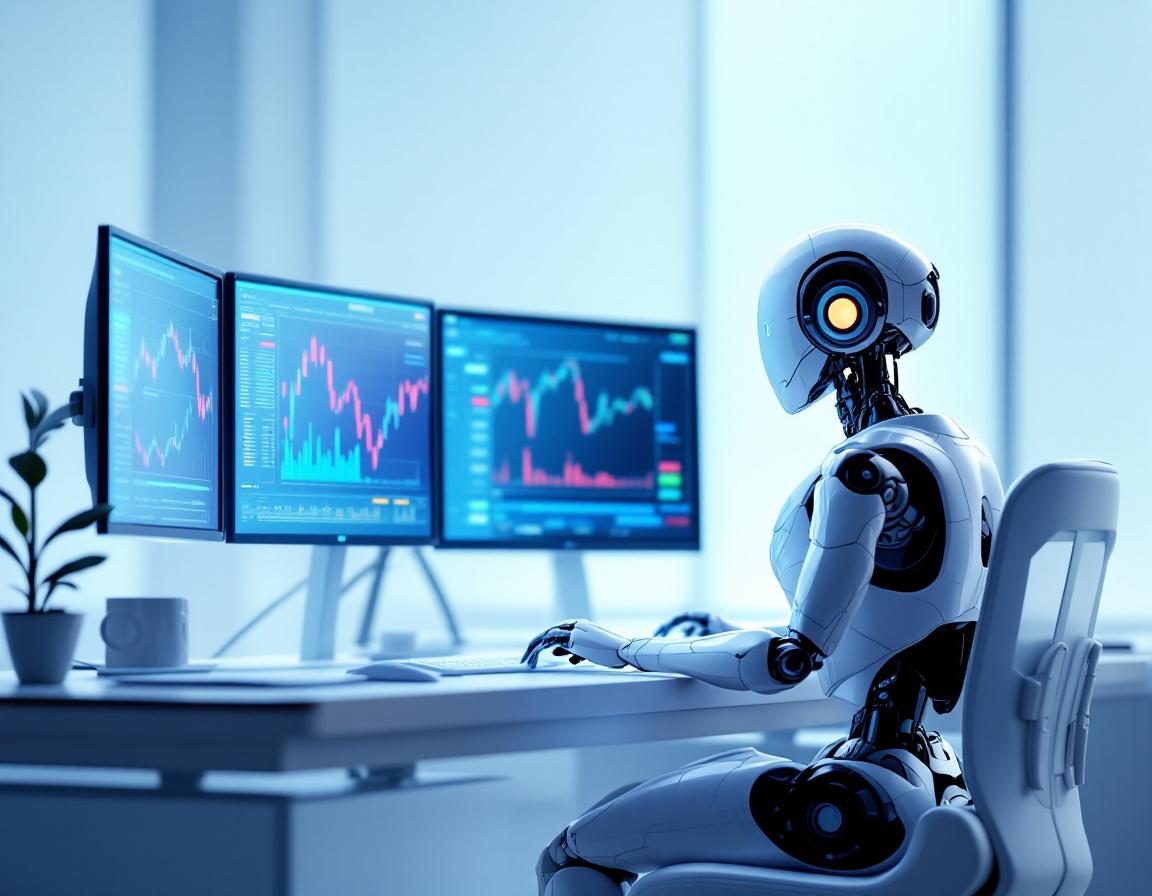 A humanoid AI trading bot at a high-tech workstation, analyzing market data on multiple screens.