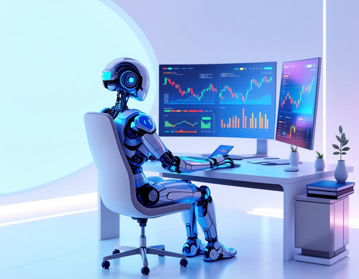 A hyper-realistic AI trading bot at a workstation analyzing crypto market data on multiple screens.
