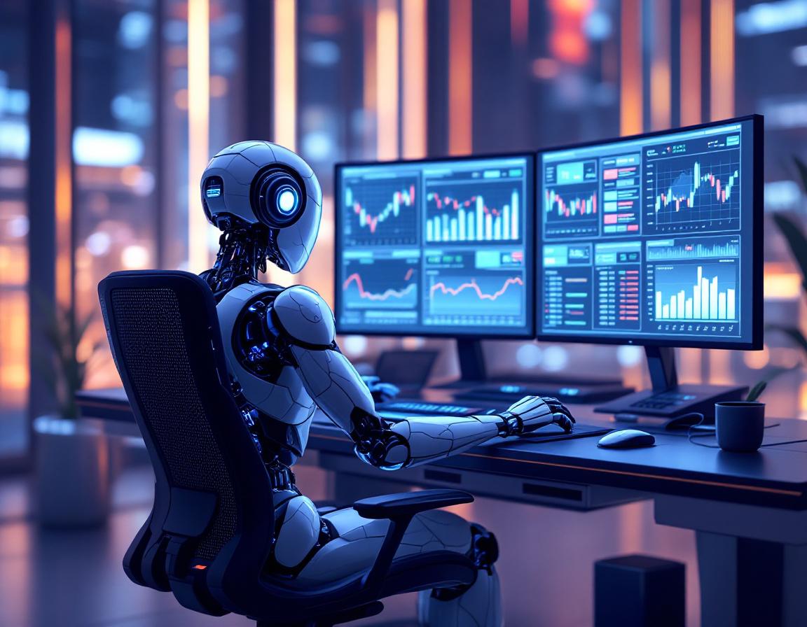 A humanoid AI trading bot analyzes market data at a futuristic workstation with multiple screens.