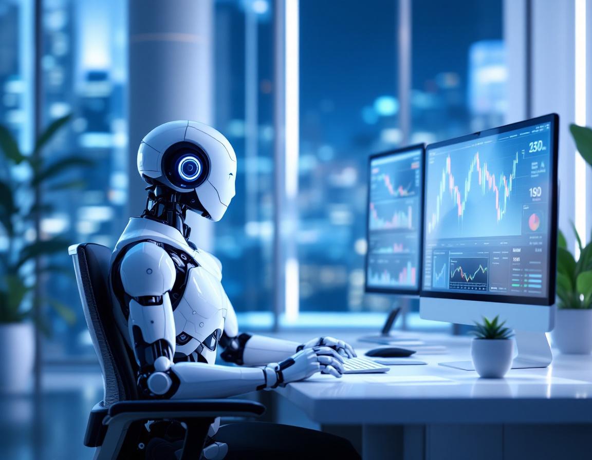 A humanoid AI trading bot analyzes data on multiple screens in a futuristic financial workspace.