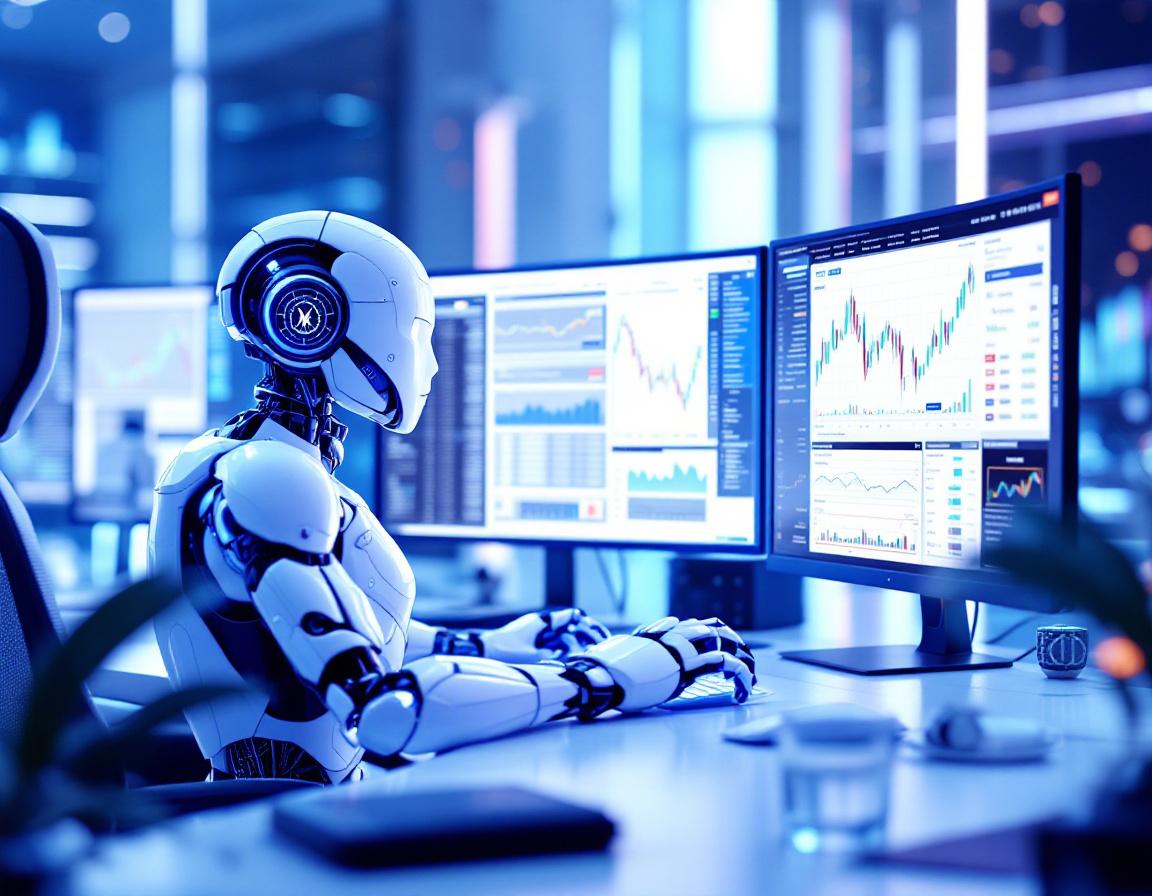 A hyper-realistic trading bot at a workstation analyzing crypto and stock data on multiple screens.