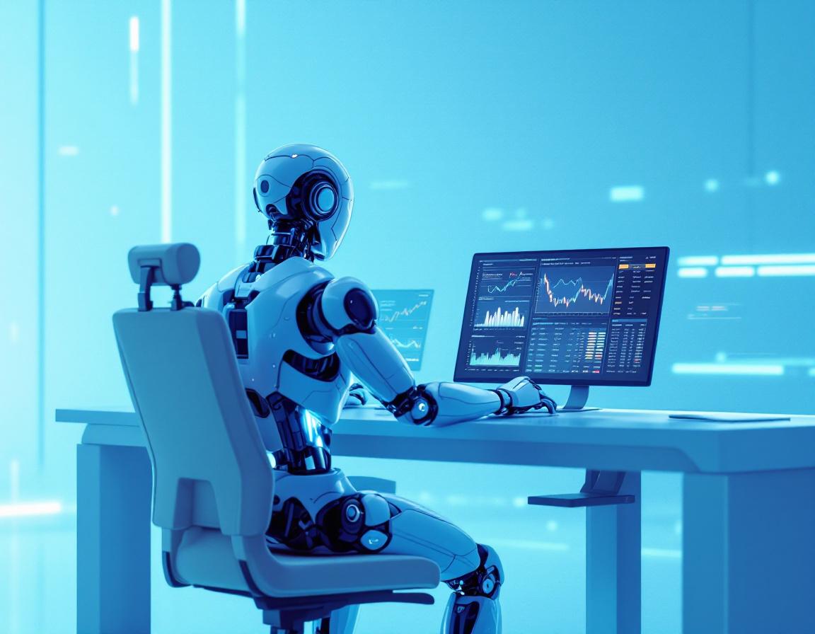 A humanoid AI trading bot analyzes market data at a futuristic workstation with multiple screens.
