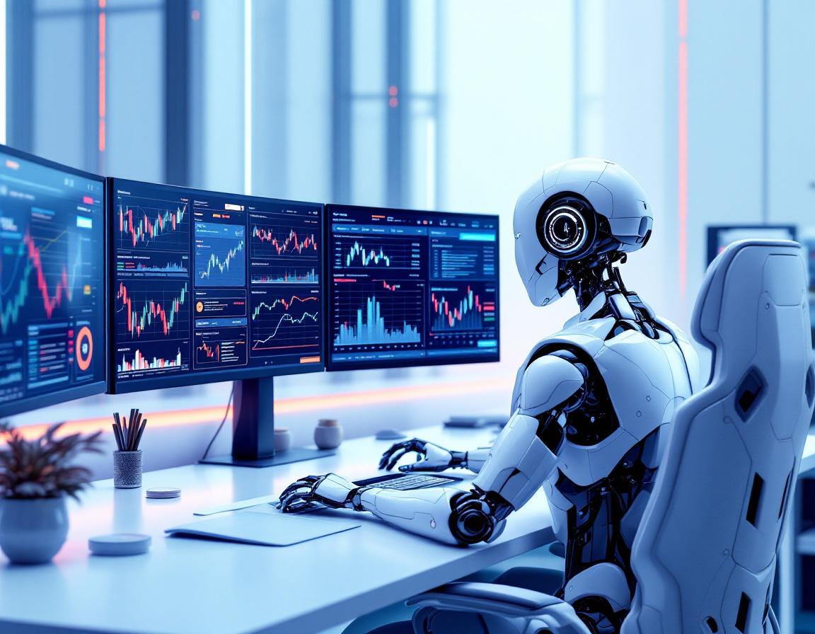 A hyper-realistic AI trading bot at a high-tech workstation analyzing crypto and stock market data.