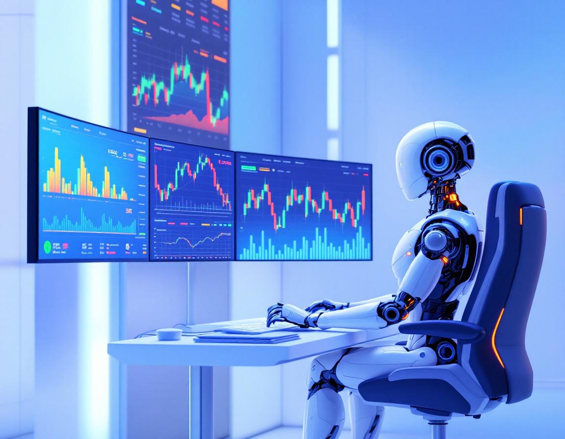 A humanoid AI trading bot at a high-tech workstation, analyzing market data and executing trades.