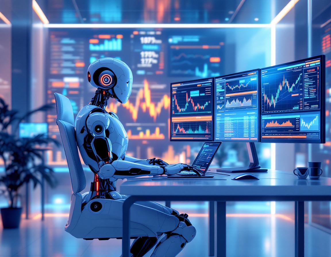 A hyper-realistic AI trading bot at a workstation, analyzing market data on multiple screens.