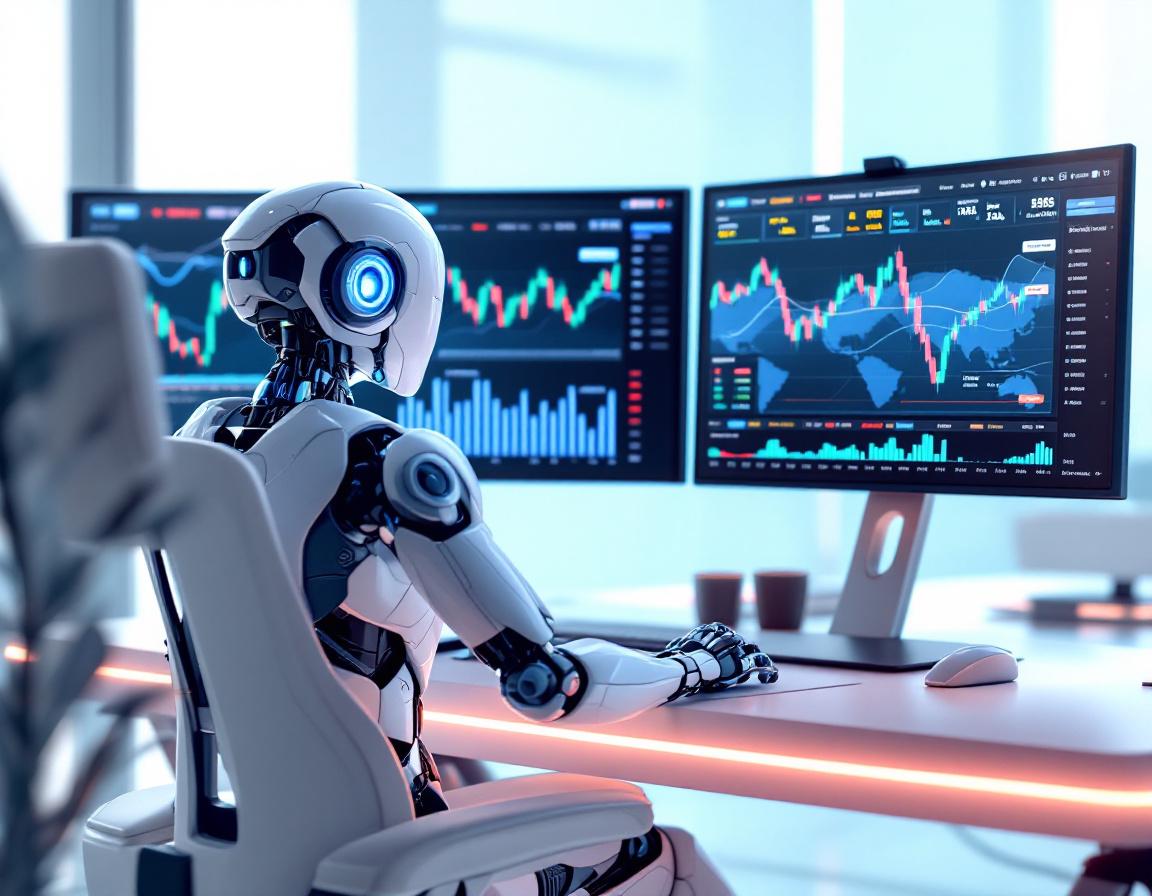 A humanoid AI trading bot analyzes market data at a high-tech workstation with multiple screens.