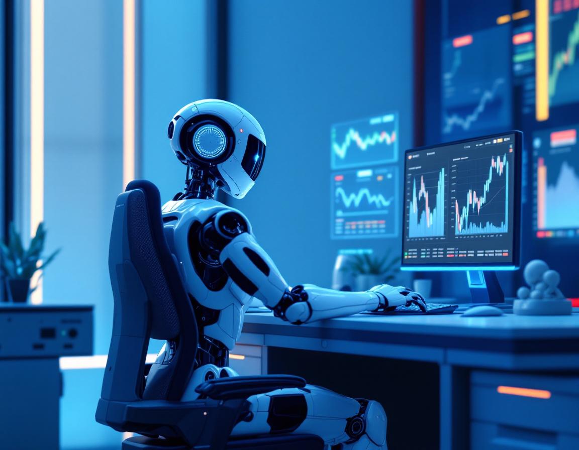 A hyper-realistic AI trading bot at a workstation analyzing stocks and crypto on multiple screens.