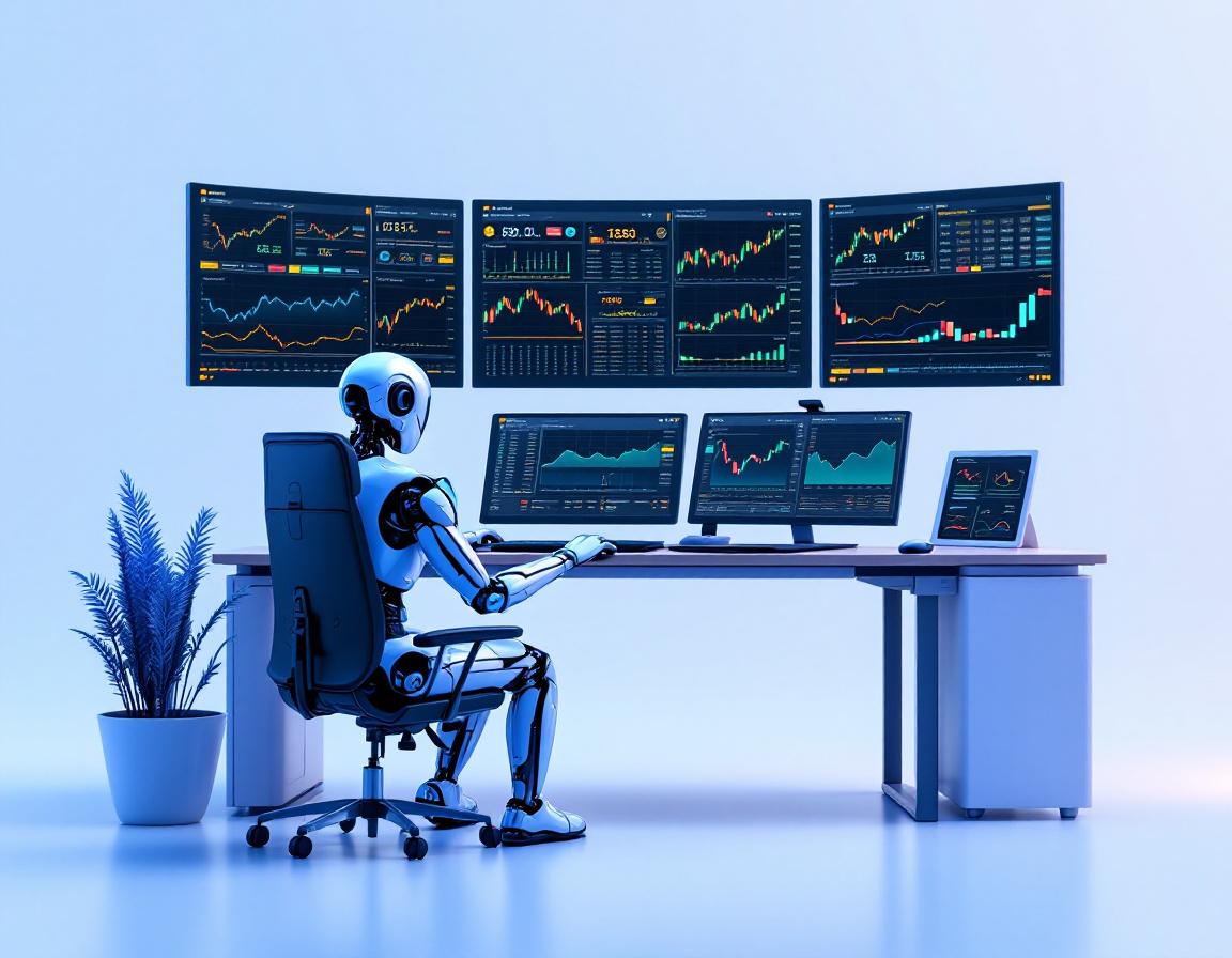 A humanoid AI trading bot at a high-tech workstation analyzing market data on multiple screens.