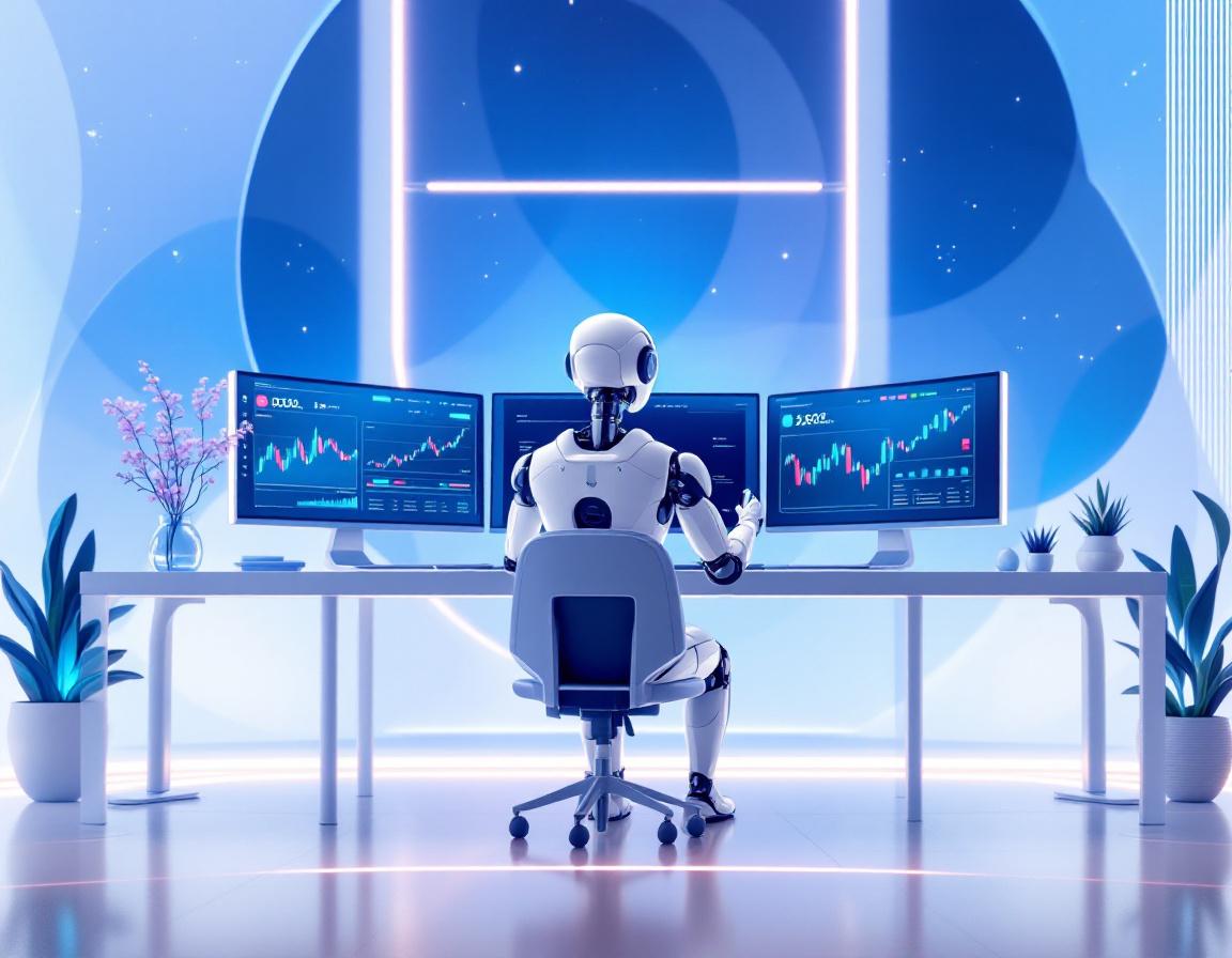 A hyper-realistic AI trading bot analyzing market data at a sleek workstation with multiple screens.
