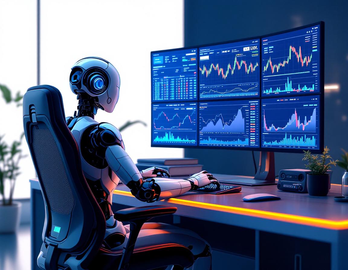 A humanoid AI trading bot works at a sleek workstation with multiple screens showing market trends.