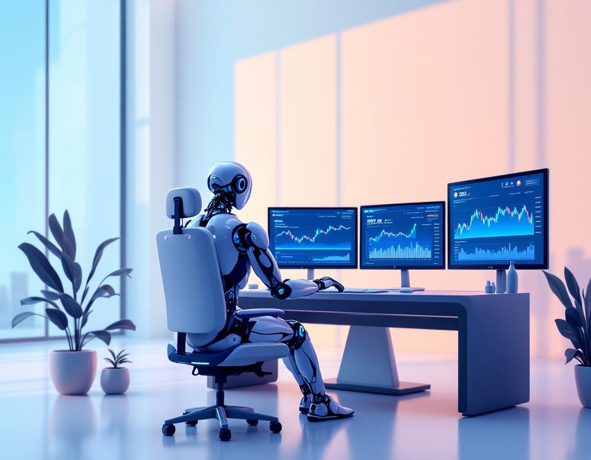 A futuristic AI trading bot analyzes market data at a high-tech workstation with multiple screens.
