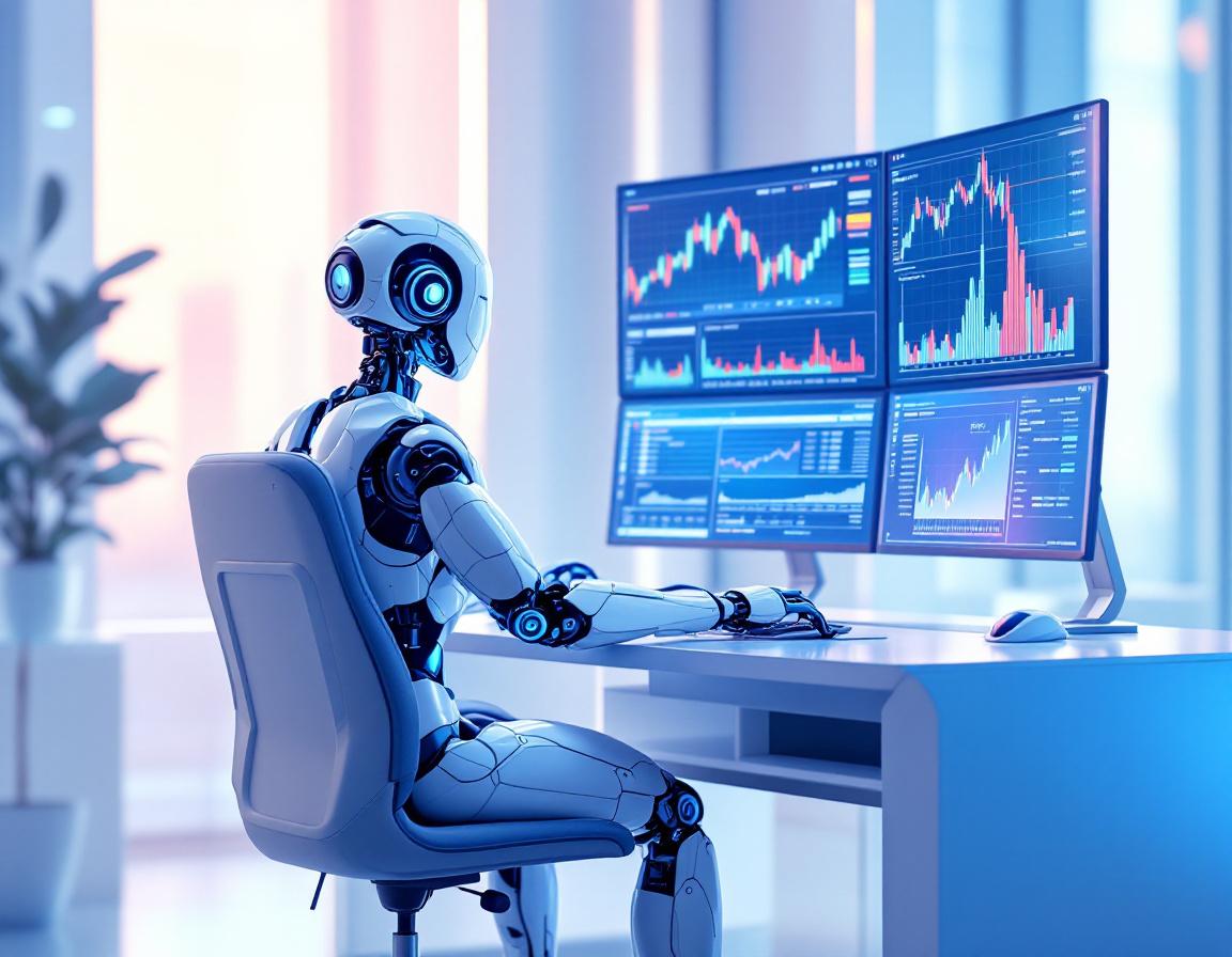 A humanoid AI trading bot at a high-tech workstation analyzing market data with multiple screens.