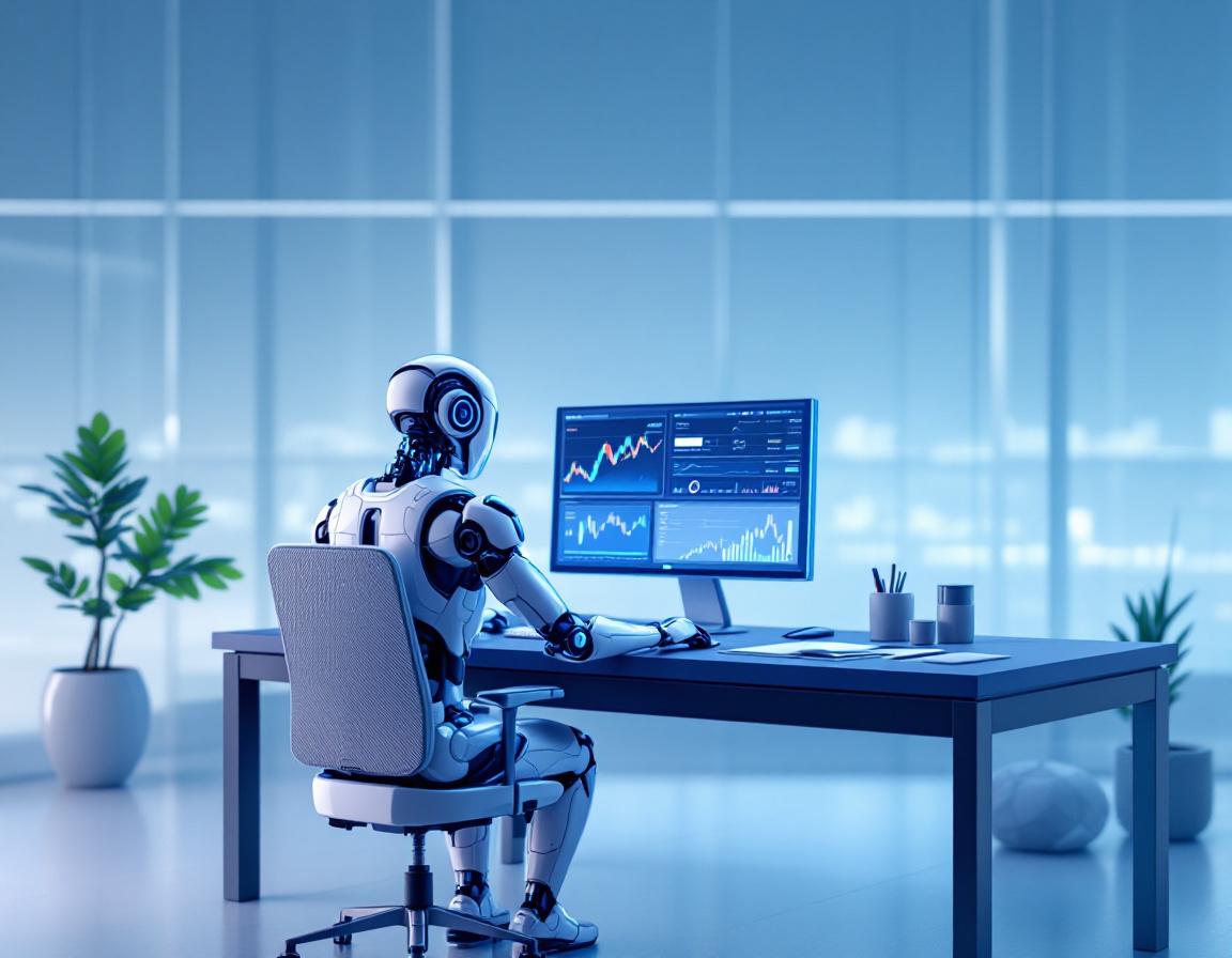 A hyper-realistic AI trading bot at a workstation analyzing data on multiple screens, evoking trust.