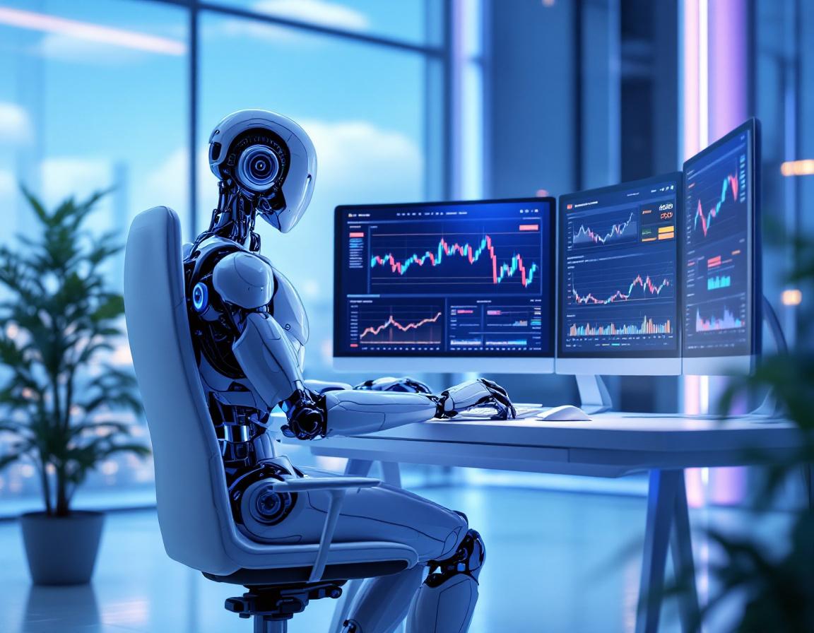 A hyper-realistic AI trading bot analyzes market data in a futuristic financial trading environment.