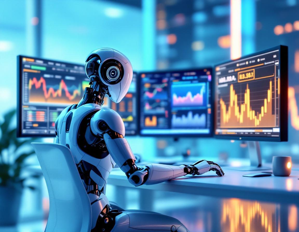 A humanoid AI trading bot analyzes market data at a high-tech workstation with multiple screens.