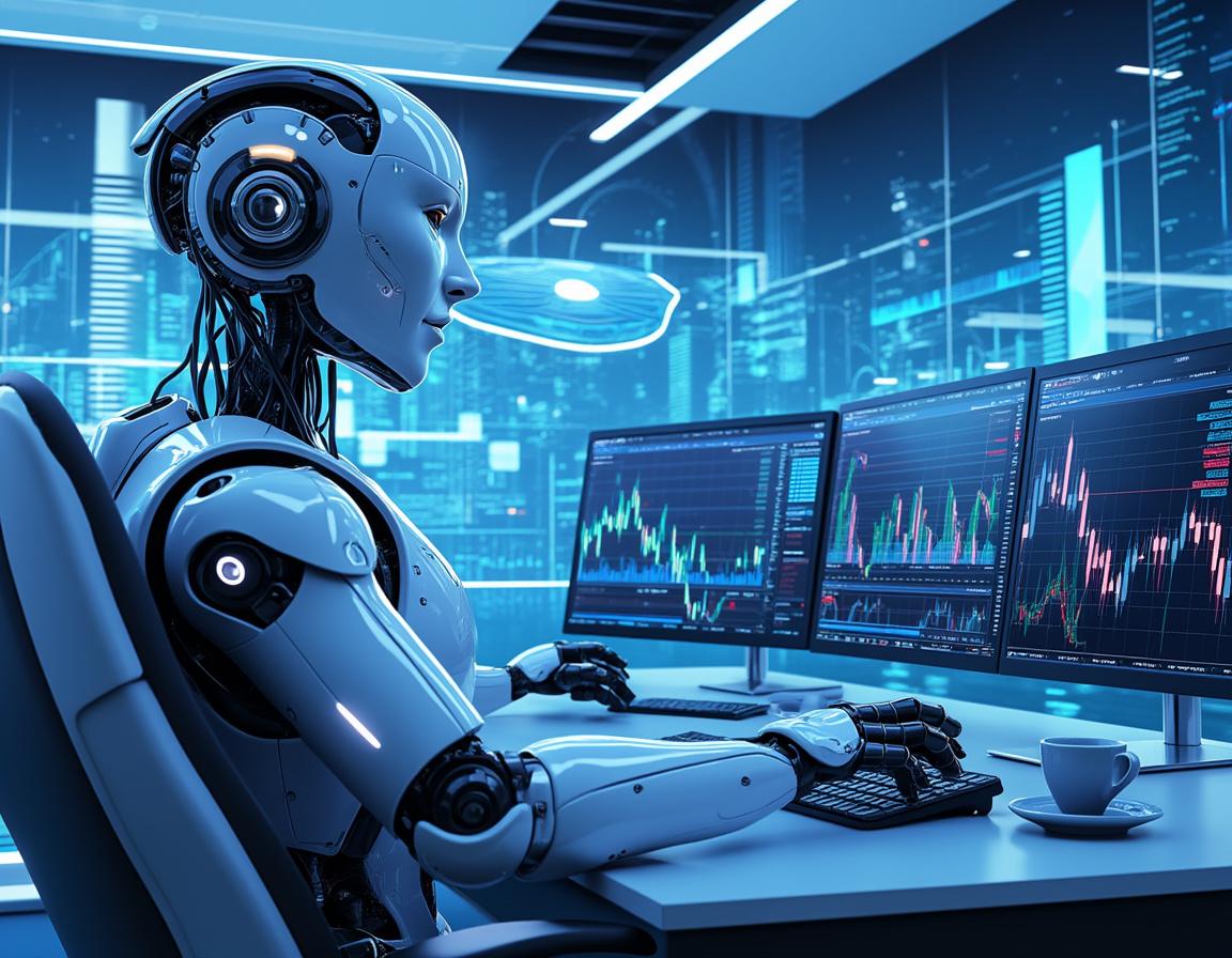 A humanoid AI trading bot analyzes market data at a high-tech workstation with multiple screens.