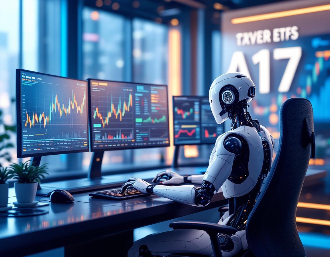 A hyper-realistic AI trading bot in a futuristic setting, analyzing market data on multiple screens.