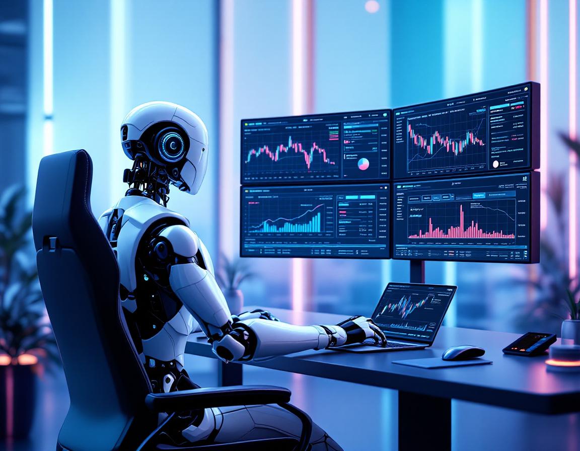 A humanoid AI trading bot analyzes market data at a high-tech workstation with multiple screens.