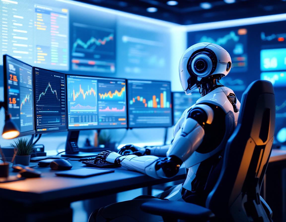A hyper-realistic AI trading bot analyzes market data at a high-tech workstation, displaying charts.