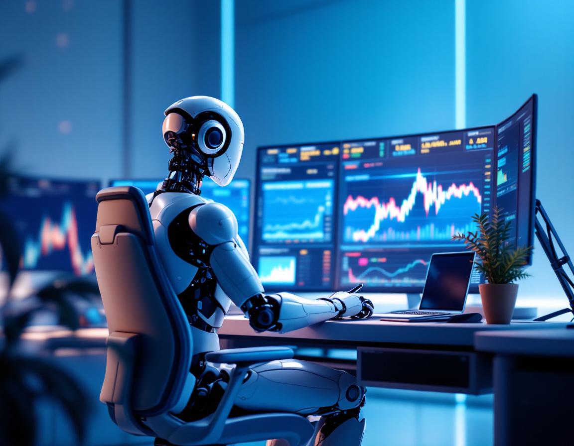 A hyper-realistic AI trading bot analyzes market data in a futuristic financial trading environment.