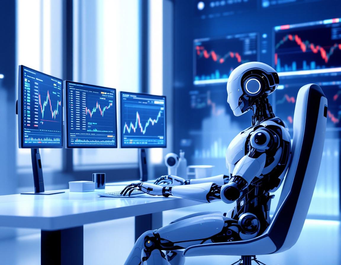 A sleek humanoid AI trading bot analyzes market data on multiple screens in a futuristic workspace.