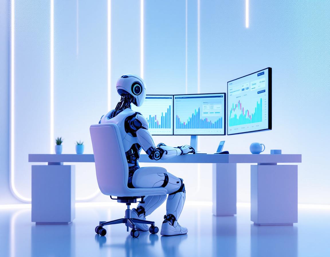 A futuristic AI trading bot at a high-tech workstation, analyzing market data on multiple screens.