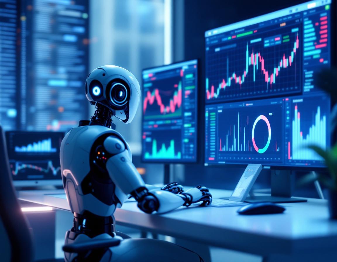A hyper-realistic AI trading bot at a futuristic workstation analyzing stock and crypto market data.
