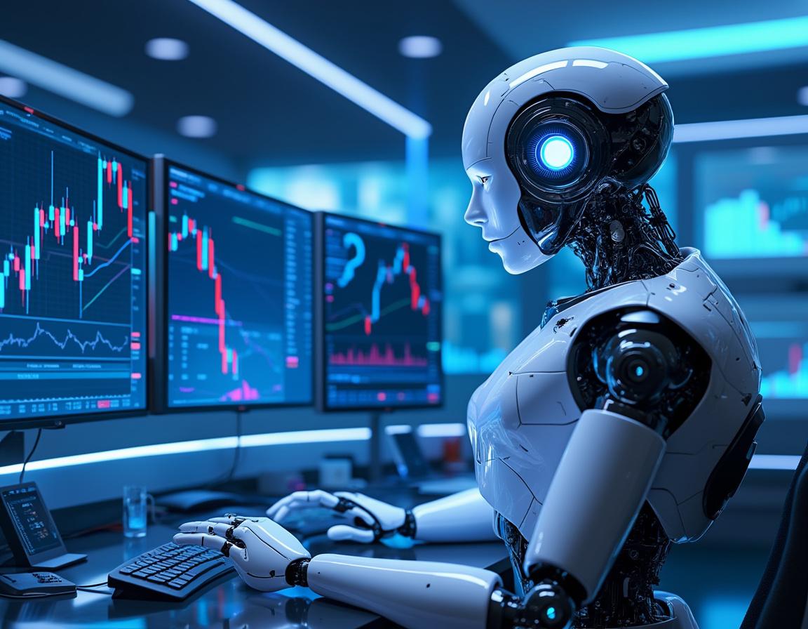 A humanoid AI trading bot at a high-tech workstation analyzing market data on multiple screens.
