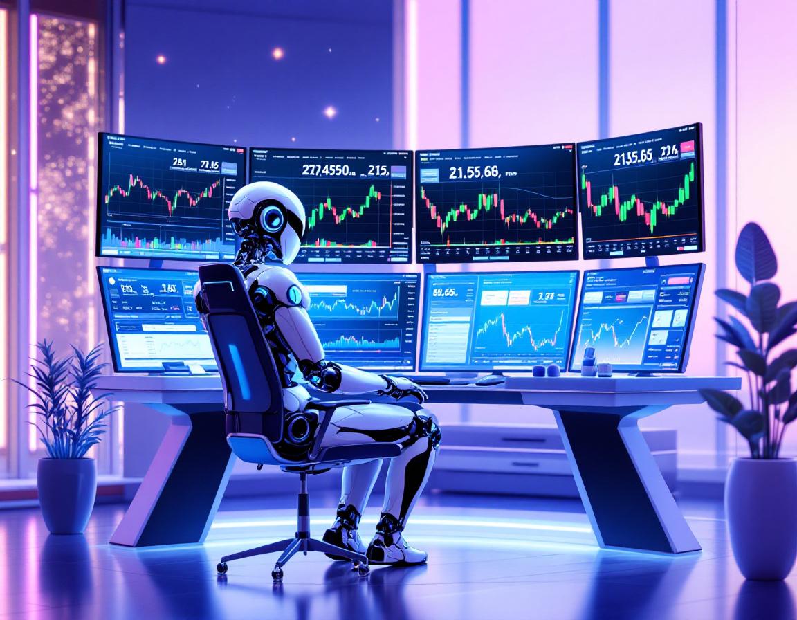A humanoid AI trading bot at a high-tech workstation analyzing market data with futuristic screens.
