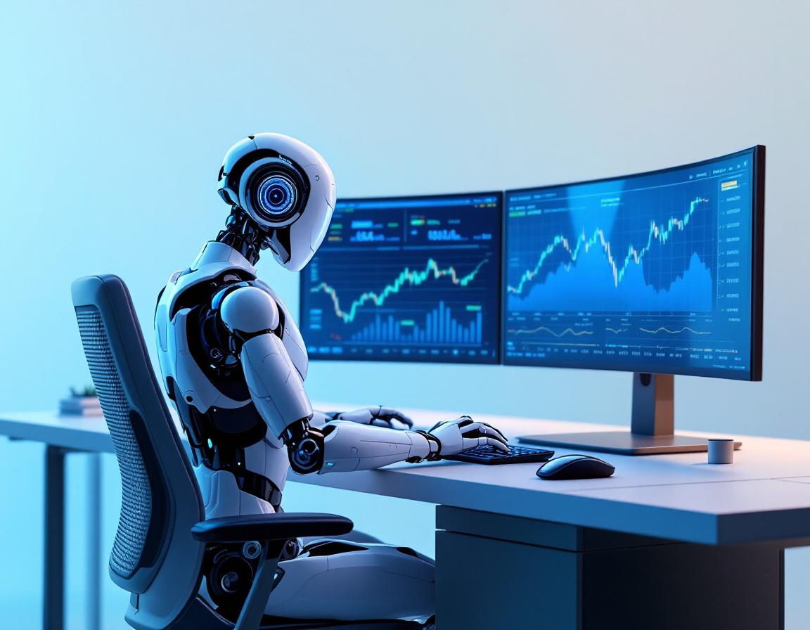 A humanoid AI trading bot analyzes market data at a high-tech workstation with multiple screens.
