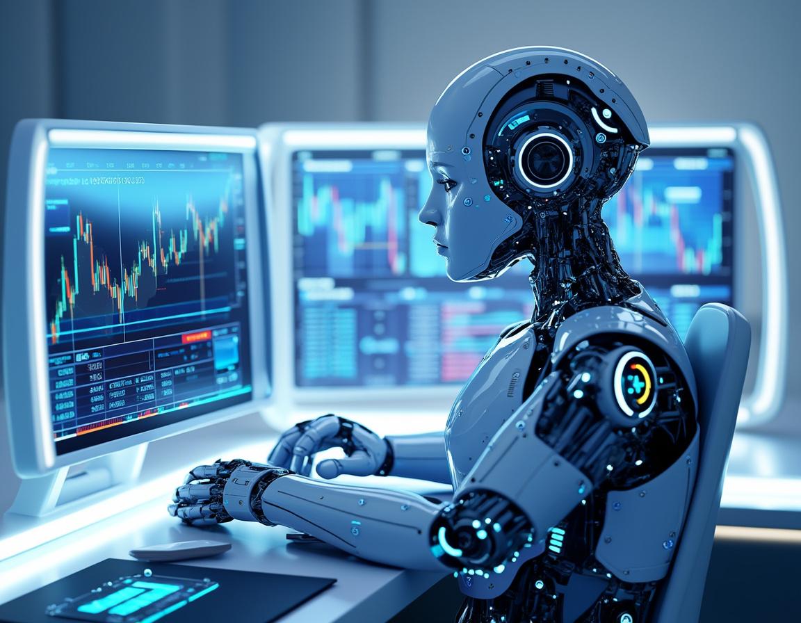 A humanoid AI trading bot analyzes market data at a high-tech workstation with multiple screens.