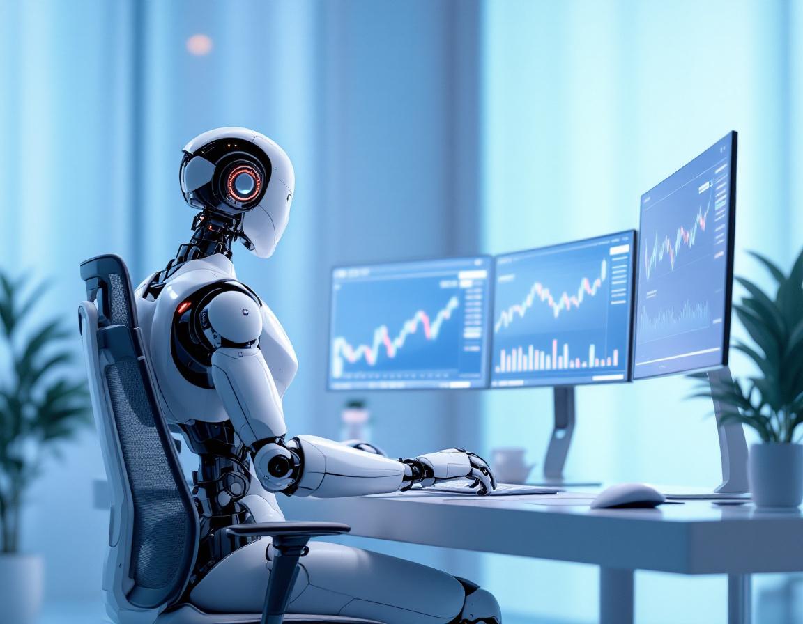 A hyper-realistic AI trading bot in a high-tech workstation analyzing crypto market data on screens.