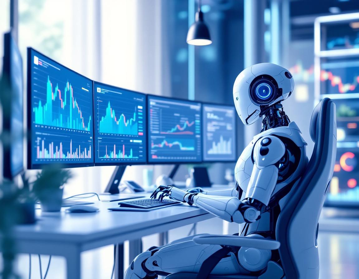 A hyper-realistic AI trading bot in a futuristic setting analyzes market data on multiple screens.