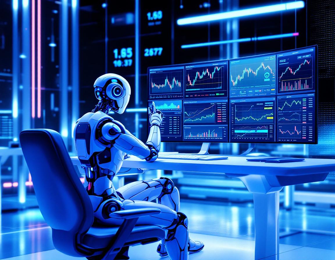 A humanoid AI trading bot seated at a workstation, analyzing market data across multiple screens.