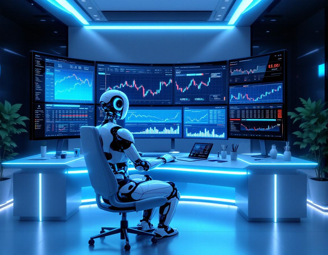 A humanoid AI trading bot at a high-tech workstation analyzing market data on multiple screens.