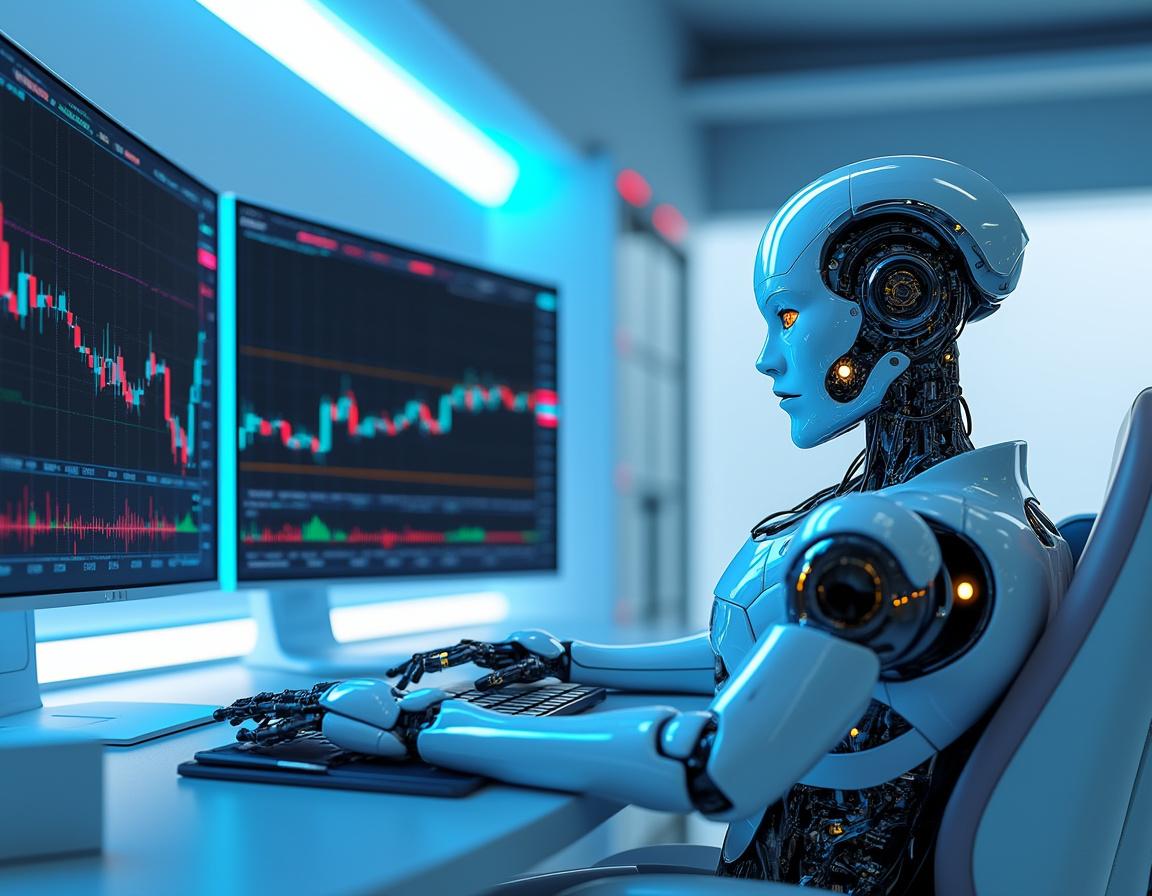 A humanoid AI trading bot analyzes data at a high-tech workstation with multiple futuristic screens.