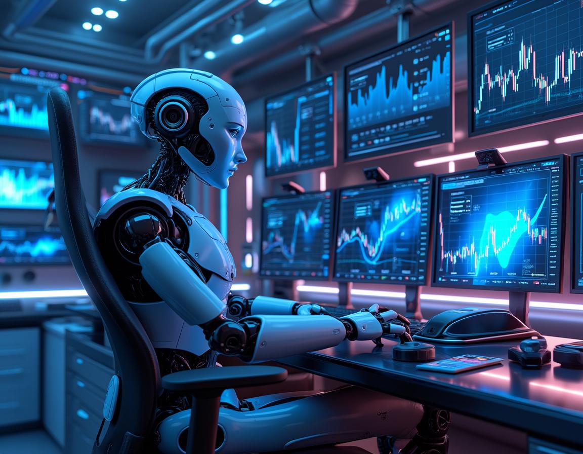 A hyper-realistic AI trading bot analyzes data at a high-tech workstation with glowing screens.