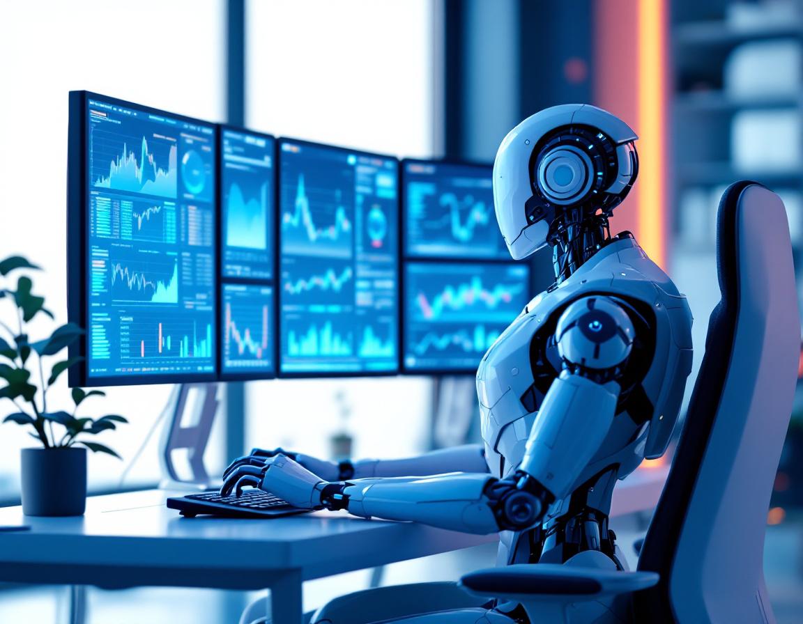 A humanoid AI trading bot at a high-tech workstation analyzing market data on multiple screens.