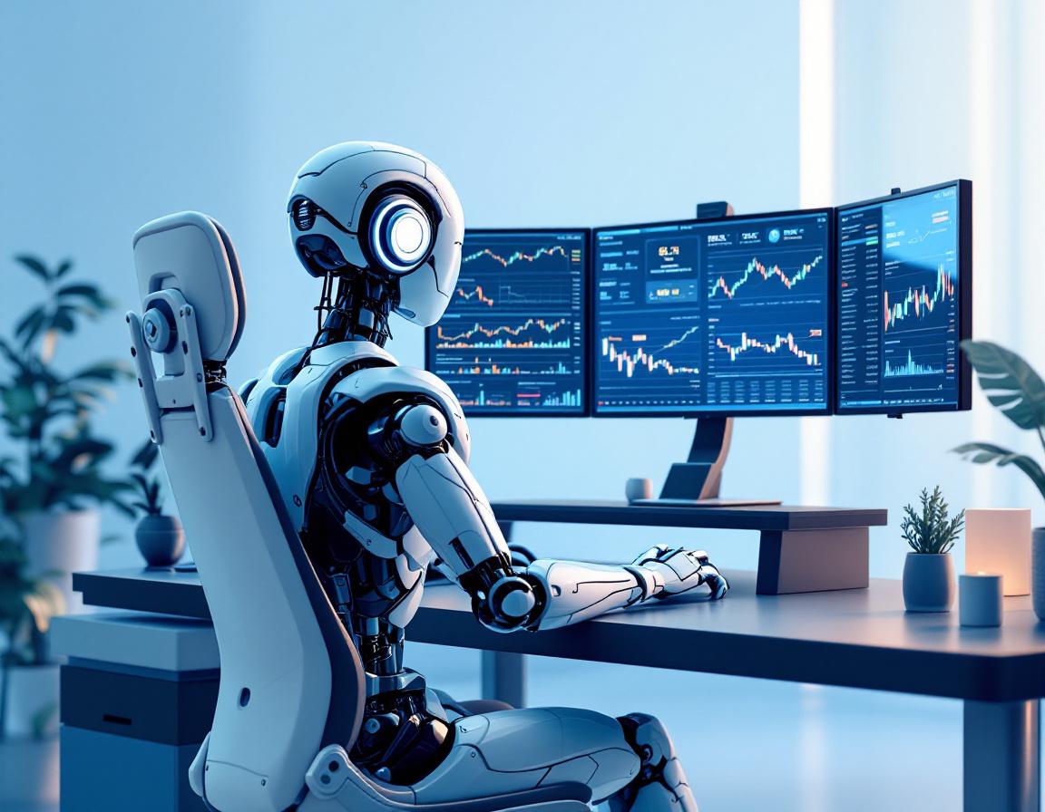 A humanoid AI trading bot analyzes market data at a futuristic workstation with multiple screens.