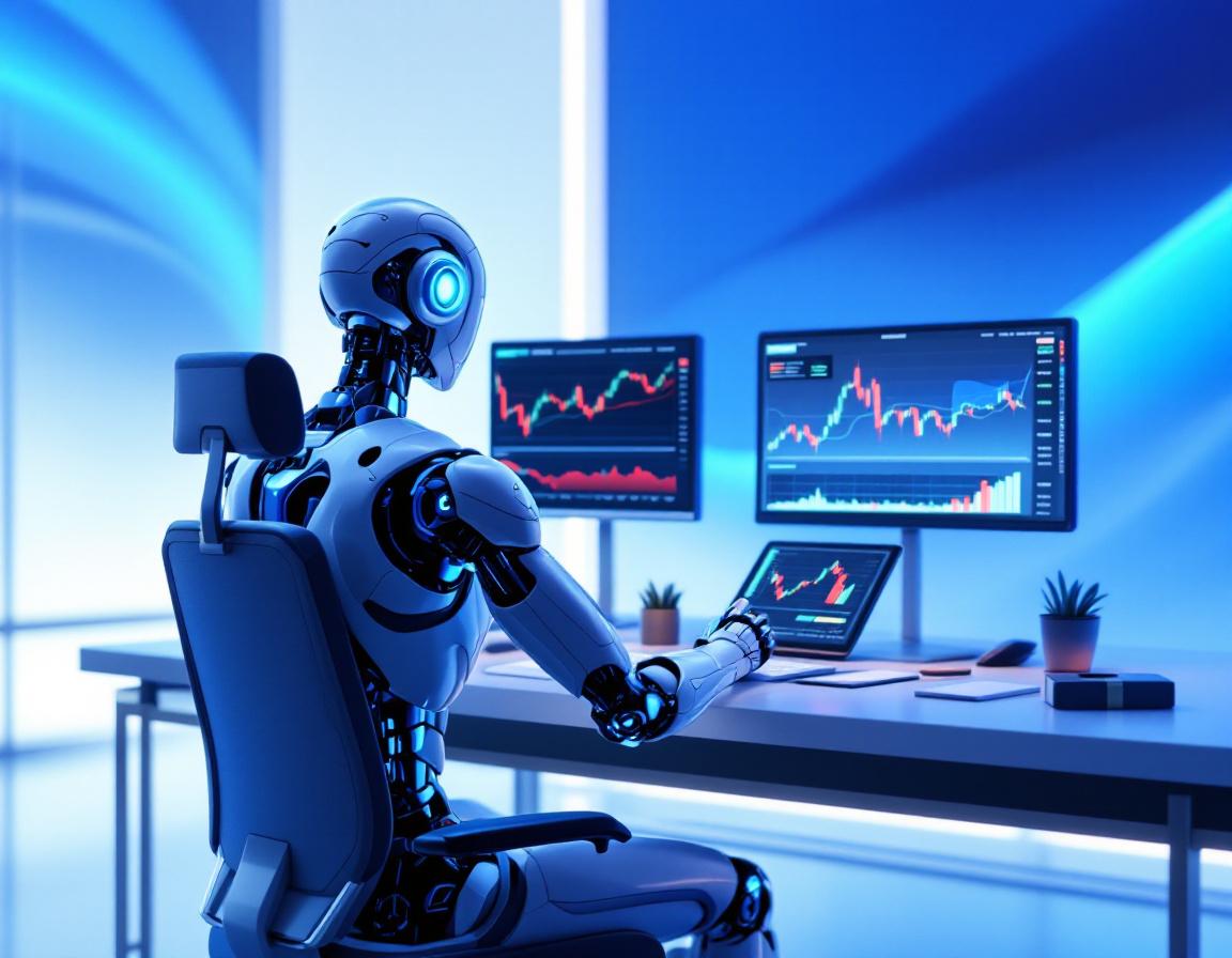 A hyper-realistic AI trading bot at a workstation analyzing market data across multiple screens.