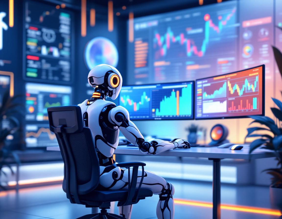 A hyper-realistic AI trading bot analyzes crypto data in a sleek, high-tech trading environment.