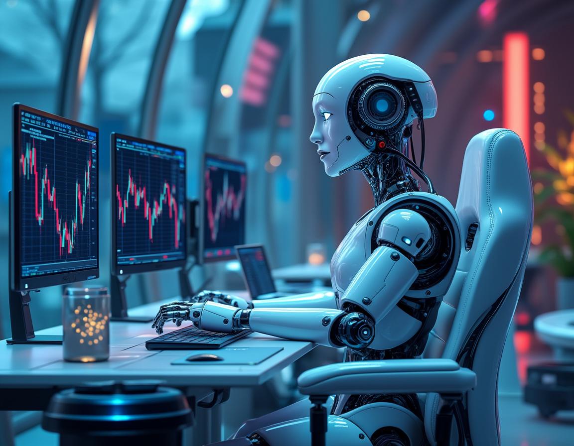 A hyper-realistic AI trading bot at a workstation, analyzing market data across multiple screens.