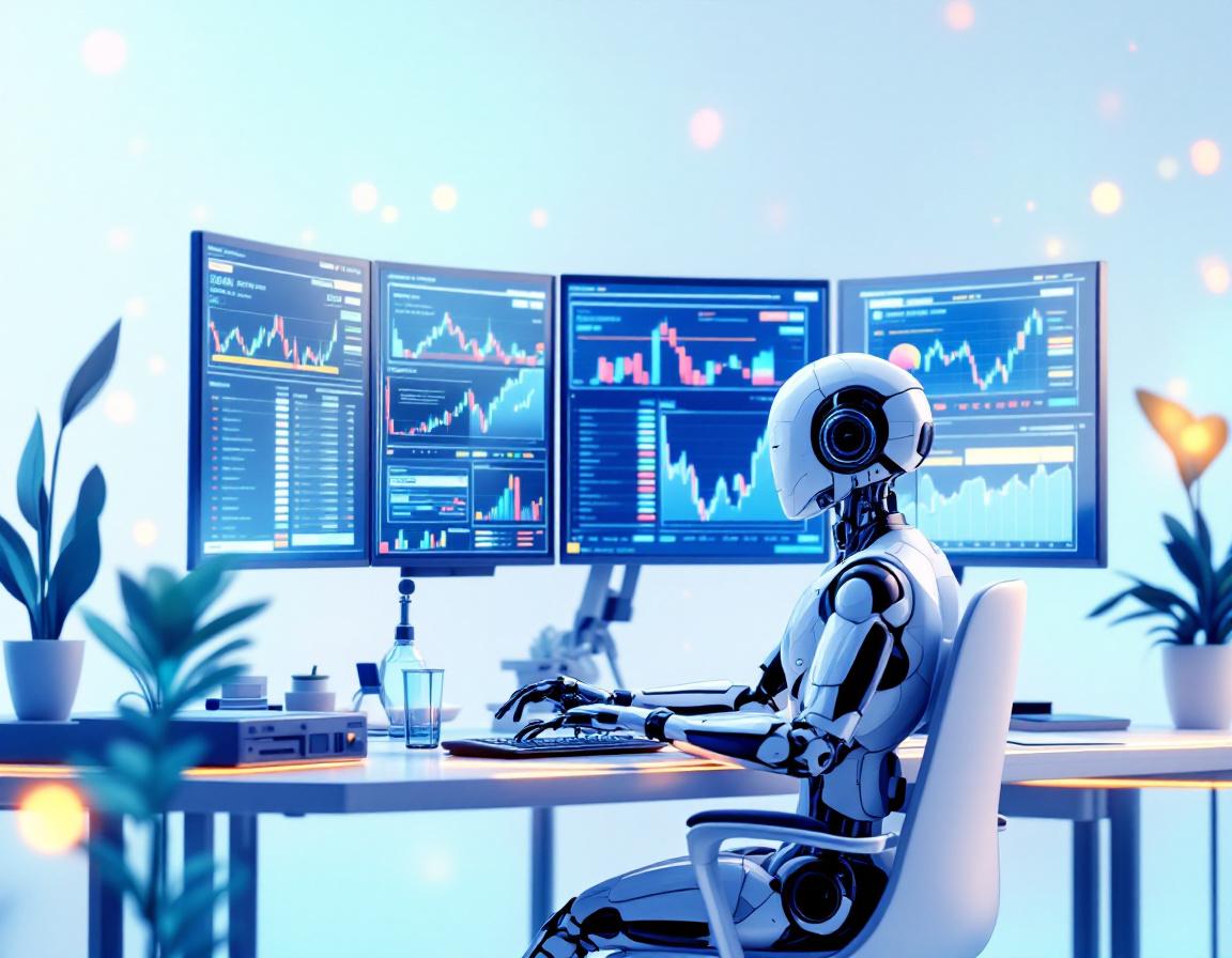 A hyper-realistic AI trading bot analyzes market data at a workstation with multiple screens.