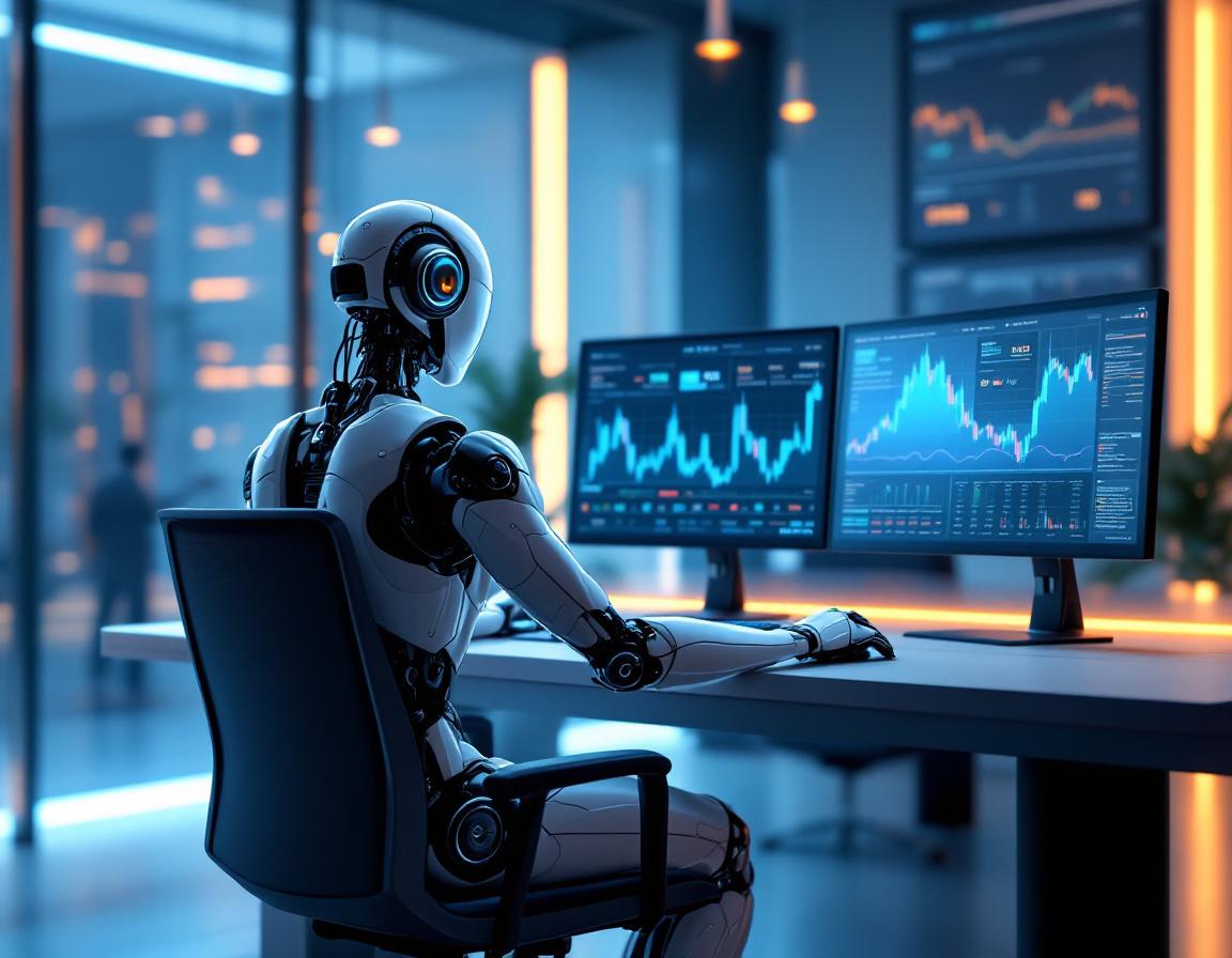 A hyper-realistic AI trading bot analyzes market data on multiple screens in a futuristic workspace.